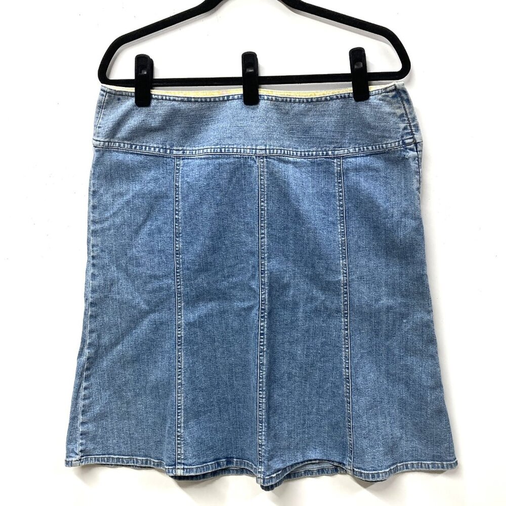 Vintage Sigrid Olsen‎ Denim Skirt, Size 12, Panels, Slight Flare, Wide Waistband
